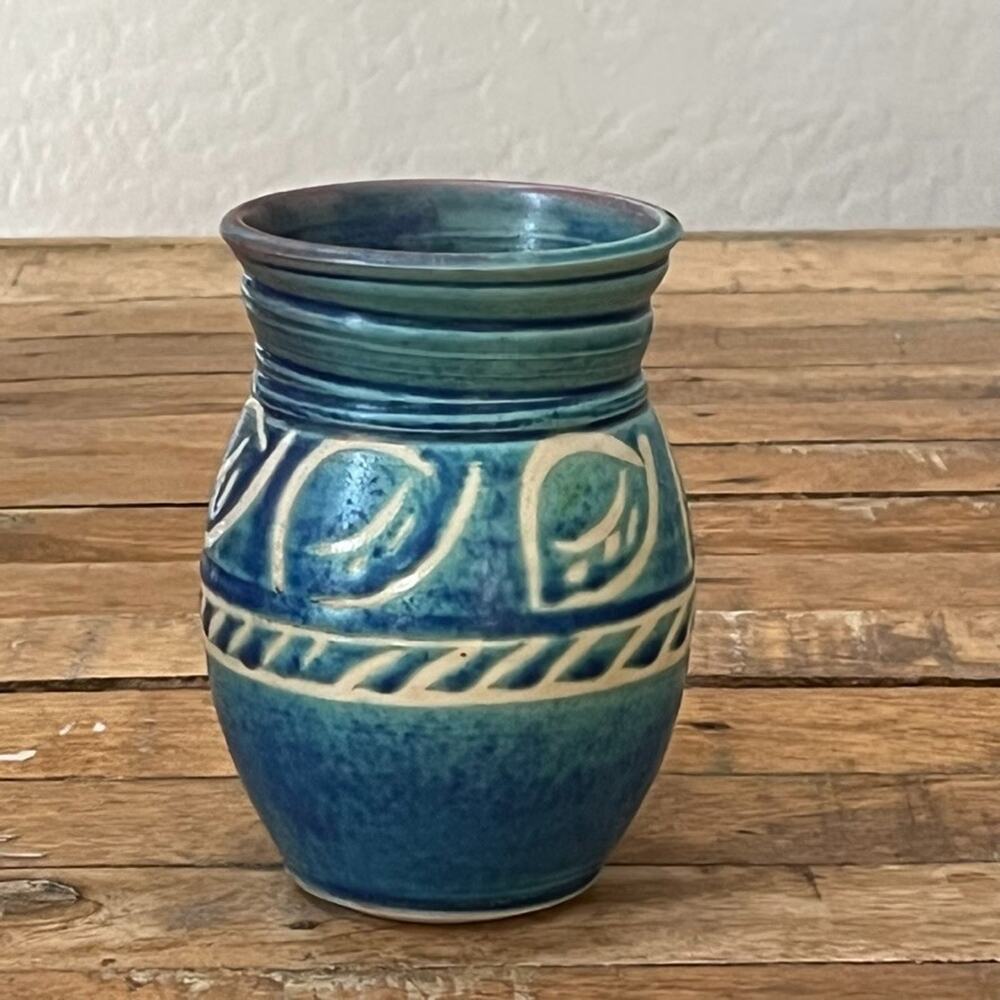 Studio Art Decorative Pottery Vase 5" In Blues And Creams Abstract Design Signed